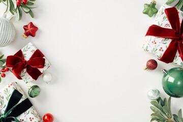 Festive holiday gifts wrapped in decorative paper with red ribbons, surrounded by Christmas ornaments and greenery on a white background. Perfect for seasonal marketing and holiday promotions © photoguns