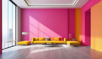 a brightly colored living room with a yellow couch and a pink wall