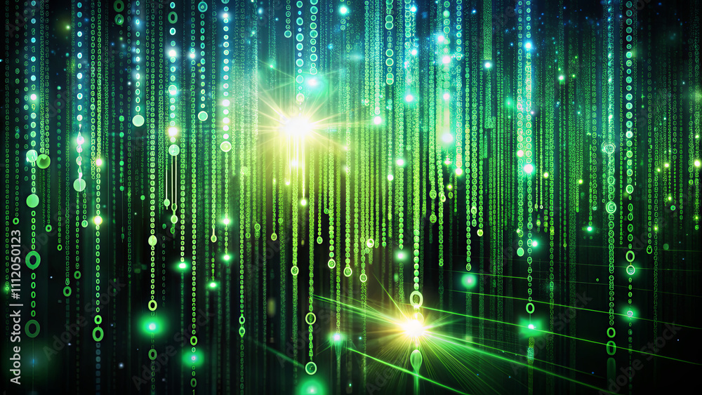 Poster a visually striking display of green binary code creates a digital atmosphere. glowing elements illu