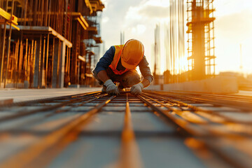 Focused construction worker laying rebar at sunset on construction site, showcasing dedication and hard work in vibrant environment
