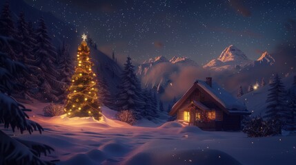 Fototapeta premium Snowy landscape with lit Christmas tree cozy cabin at night