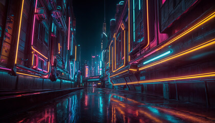 A striking alleyway at night showcases vibrant neon lights reflecting off wet pavement. The futuristic setting features towering buildings and an electric atmosphere, captivating the viewer