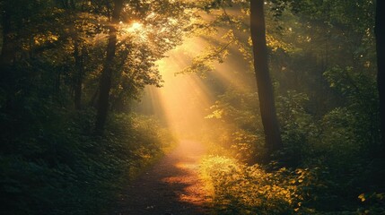 Obraz premium Sunbeams illuminate a forest path at sunrise, creating a magical, mystical atmosphere.
