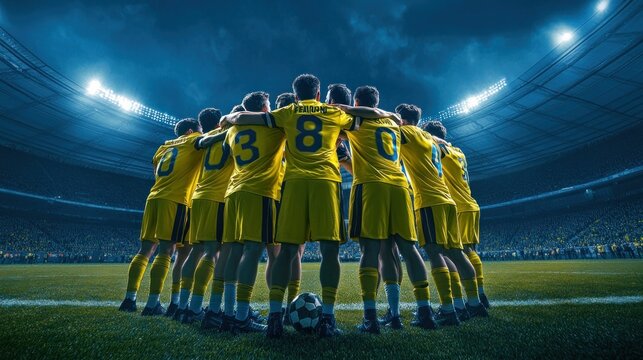 United Soccer Team Huddle in Stadium