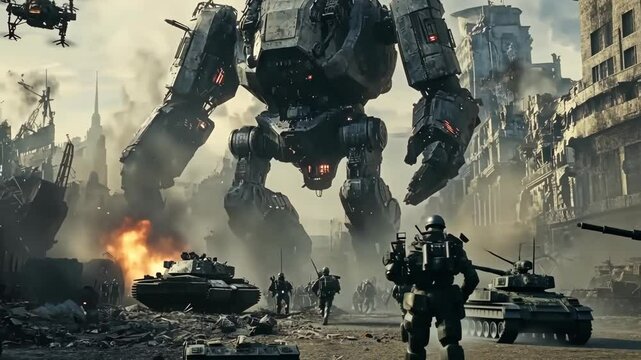 Futuristic Sci-Fi Soldiers Advance with Giant Robot and Tanks - Epic Cinematic Scene
