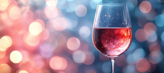 Red wine glass with on bokeh light sparkle background. Generative AI technology.