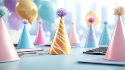 Business concept for a joyful office with festive hats. Colorful party hats arranged on a table with balloons, creating a festive atmosphere for celebration and gatherings