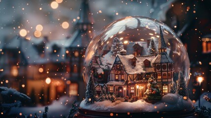 HD Snowy Glass Globe with Miniature Winter Village Scene