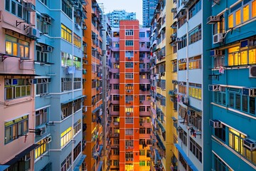 A densely populated, vividly colored high-rise residential complex in a bustling city environment, showcasing urban living spaces and architectural diversity.