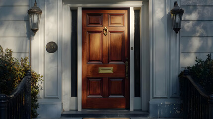 Sunlit Brown Wooden Door House Entrance Illustration