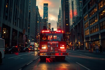 A fire truck with lights flashing drives down a busy city street lined with tall buildings as dusk descends and the cityscape becomes illuminated.