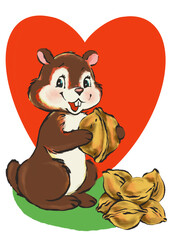 Adorable Chipmunk with Nuts and Heart Background - Valentine’s Day Illustration