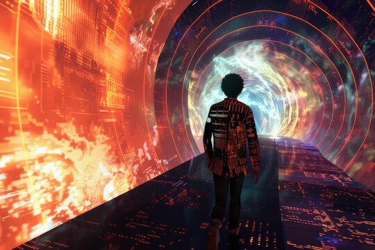 An individual moves forward in a vibrant, digital tunnel, exploring the blend of technology and imagination, symbolizing innovation, progress, and futuristic themes.