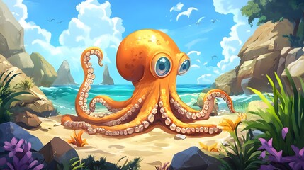 Obraz premium Octopus and beautiful sea view, amazing octopus commotion scene