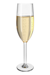 Glass Flute with champagne on isolated transparent background. Bar theme. Glassware with the drink. 3d rendering.
