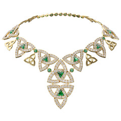Luxurious necklace of diamonds and emeralds on the isolated transparent background. Irish style. Jewelry showcase. Close-up. 3d rendering.