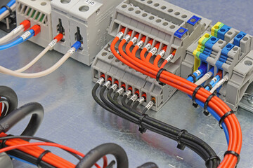 Electrical screw through terminals with connected insulated wires in an electrical switchboard.