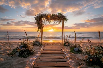A beautiful wedding arch adorned with flowers stands on a sandy beach at sunset, creating a romantic and picturesque setting for a ceremony by the sea.