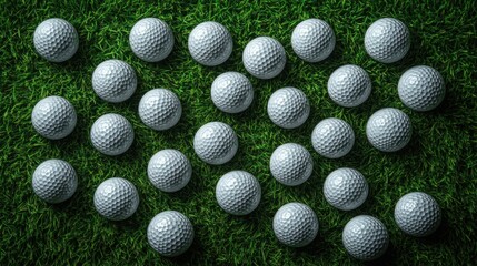 Rows of white golf balls arranged on green grass, sports equipment, practice session setup, outdoor golfing essentials, symmetry, tournament preparation, green field training.