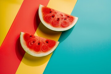 Two juicy watermelon slices placed on a vibrant background consisting of red, yellow, and blue stripes, creating a playful and refreshing summer vibe.