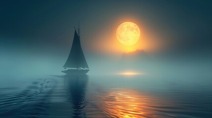 Fototapeta premium Sailboat Adrift Under a Full Moon