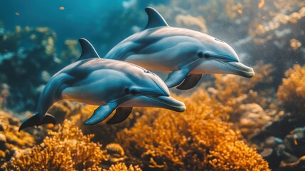 Two dolphins swimming in vibrant coral reef underwater, marine wildlife, ocean beauty, aquatic scene, colorful nature, tropical sea life, playful mammals, underwater world.