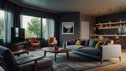 Open space living and dining room interior with flat tv, grey sofa and wooden table with trendy chairs