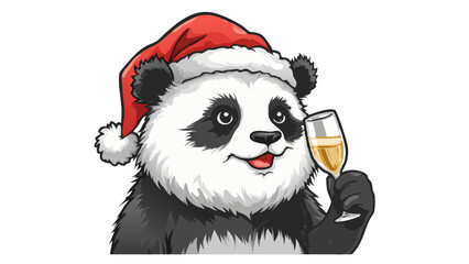 Cute cartoon panda wearing a Santa hat and holding a champagne glass with a festive mood