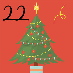 Christmas advent calendar with Christmas tree and garlands decorations. 22nd of december day. Vector flat illustration
