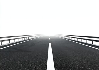 A straight highway road stretches toward a bright horizon under a clear sky with visible white lane markings and guardrails
