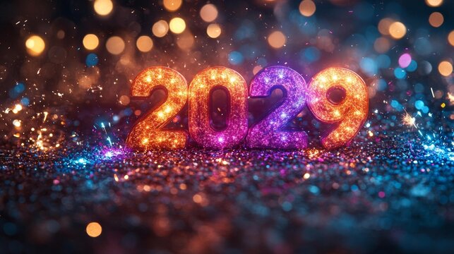 2029 neon glow with confetti and sparks. Generative AI