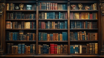 Old wooden bookshelf filled with vintage books in warm tones, antique library decor, aged spines, literary heritage, classic knowledge, history, and nostalgic charm.