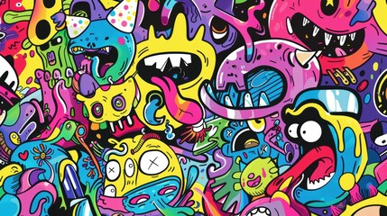 A vibrant collage of whimsical monsters and colorful characters.