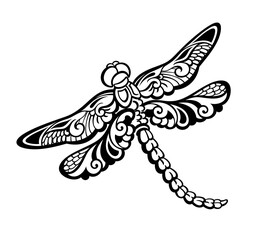 Elegant black and white Dragonfly Art  insect illustration 