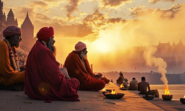Sadhus Meditate at Sunrise by the Ganges River, Varanasi