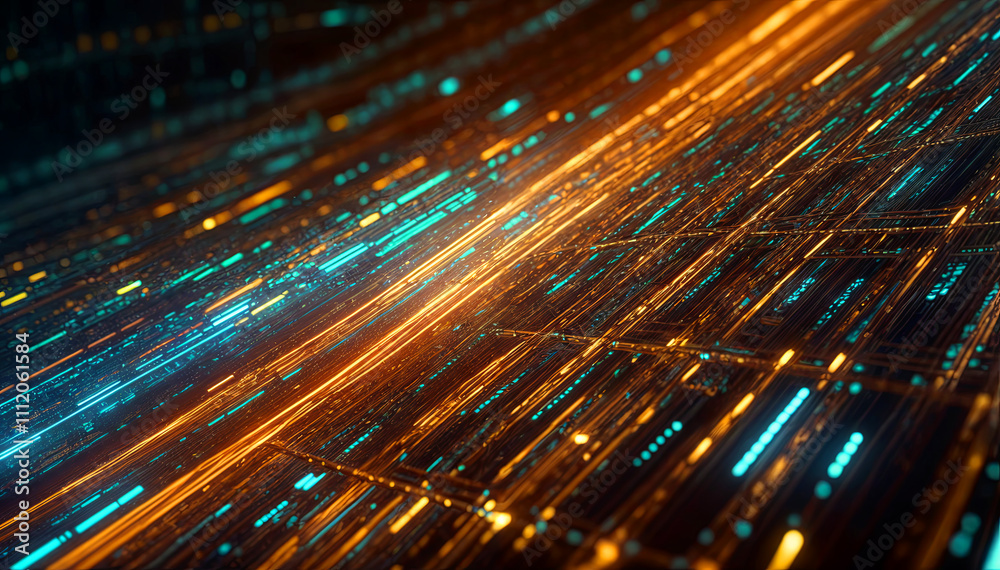 Poster vibrant lines in blue and orange create a dynamic abstract pattern, symbolizing data flow and techno