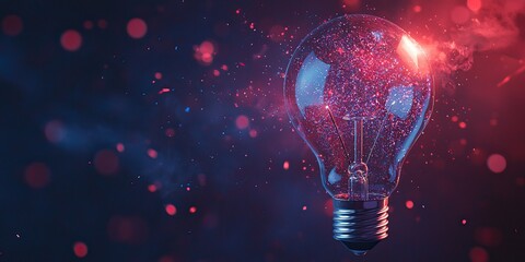 An exploding light bulb creates a burst of red and blue colors in a dark background, showcasing a vibrant display of light and energy