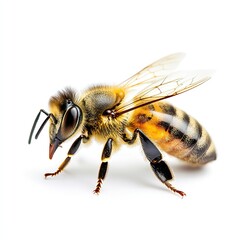 Honey bee resting on a clean white background, showcasing its intricate features and vibrant colors during a calm moment