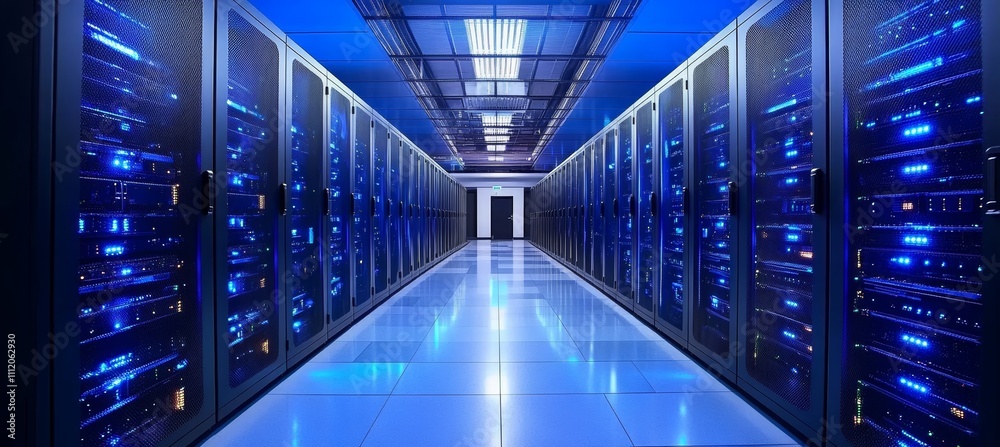 Poster Server bigdata room with glowing blue rack data storage. Hardware computing infrastructure system. Generative AI technology.	
