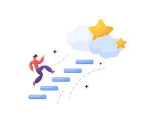 an illustration of a man running up the stairs to get to the top. striving for success, dreams, and goals. ambition and moving forward. concept of process and progress. flat style design. elements