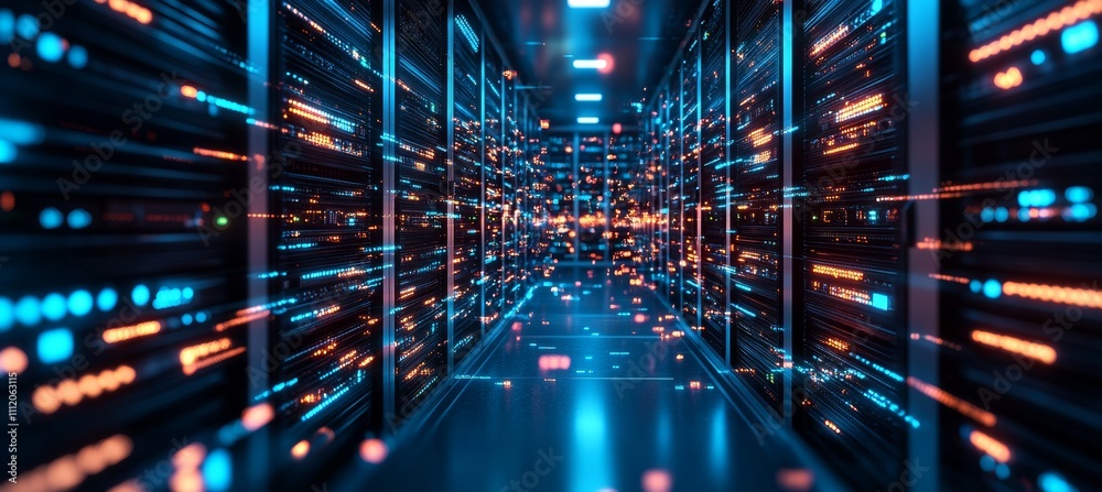 Poster Server center room with light speed effect. Hardware computing infrastructure system. Generative AI technology.	
