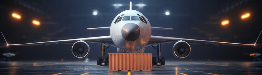Fototapeta premium Cargo aircraft under maintenance with goods ready for loading, fine detail of mechanics and aerodynamics