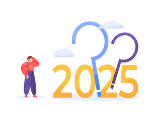 concept of uncertainty and questions. confusion with the future. confused about goals in 2025. illustration of a man confused with the number 2025 and a question mark. flat style design. elements