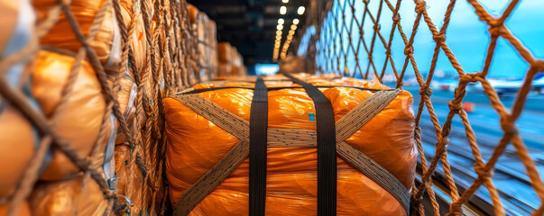 Cargo net tightly secured over goods in a cargo hold, aerodrome terminal faintly visible through side panels