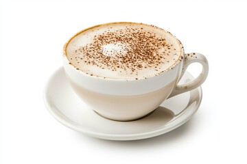 Fototapeta premium A freshly prepared cappuccino coffee served in a white cup on a round saucer against a plain white backdrop