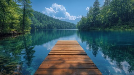 Fototapeta premium Wooden pier stretching into tranquil misty lake, surrounded by lush trees under soft sunlight, calm nature scene, outdoor relaxation, serene water, and scenic atmosphere.