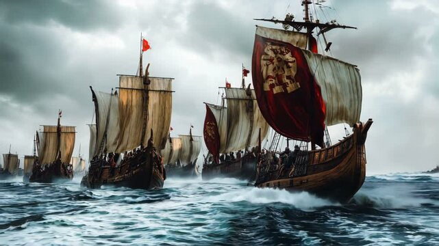 In ancient times, brave ships faced a fierce and challenging battle against the powerful stormy seas ahead