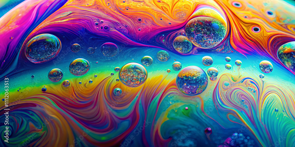 Poster vibrant colors blend together as soap bubbles float on a shiny surface, creating a mesmerizing and a