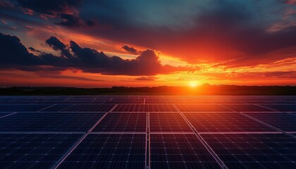 Stunning sunset over solar panels reflecting warm colors in a sustainable energy field