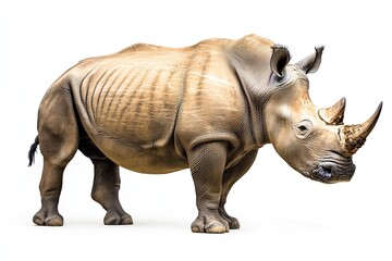 Obraz premium A majestic white rhinoceros standing gracefully in profile on a plain background, showcasing its powerful physique and distinct features